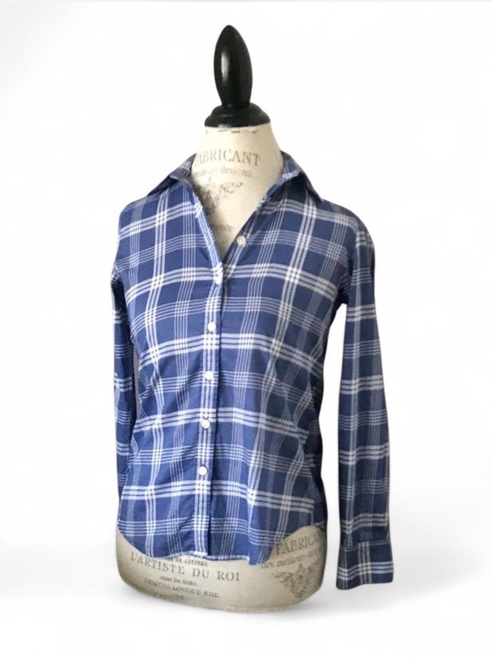 Banana Republic Blue and White Plaid Long Sleeve Button Down Blouse Shirt Sz XXS